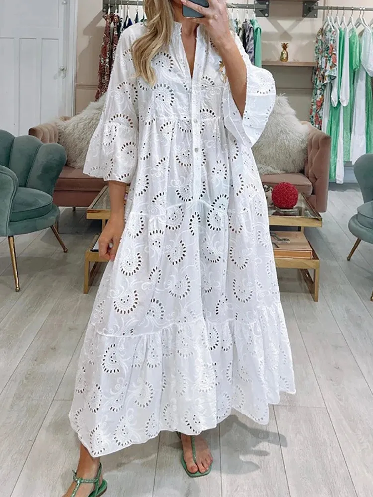Women's Slim Fit Cotton Maxi Dress with Hollow Out Lace Pattern