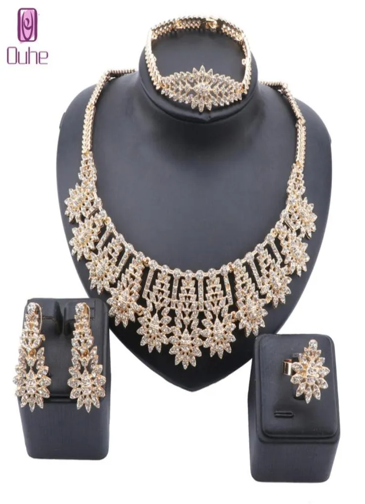 Dubai Gold Color Crystal S Jewelry Sets Nigerian Wedding Necklace Jewellry Set Whole Bracelet Earring Ring Set3433592