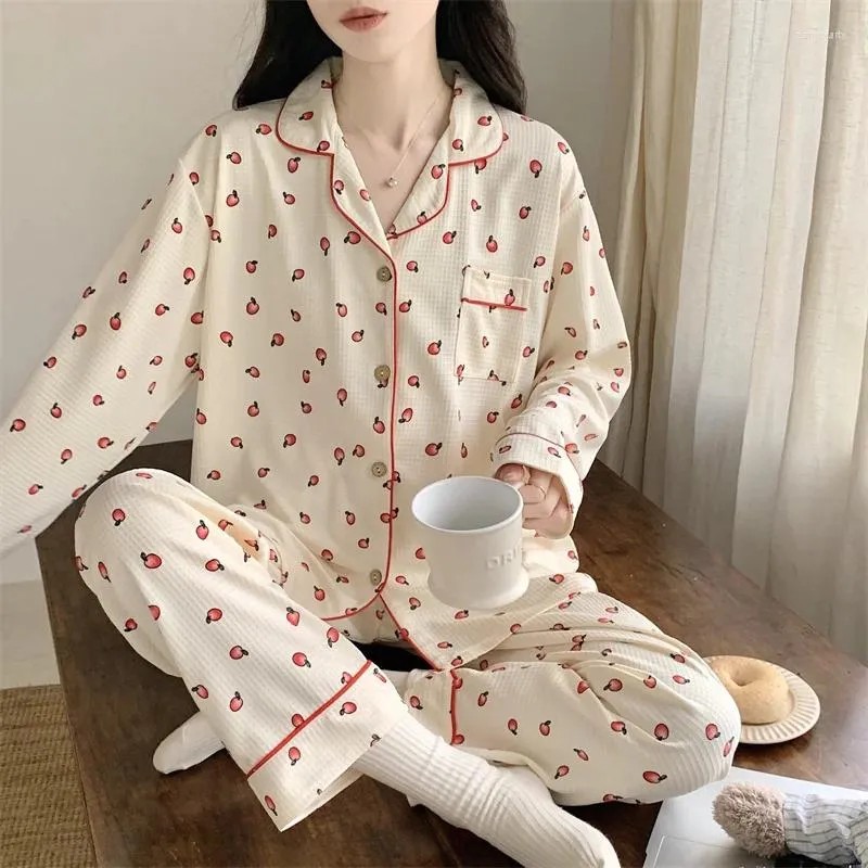 Mulheres sleepwear primavera outono mulheres impressão pijama bebê algodão pano manga longa calças cardigan puro sólido casual casa wear