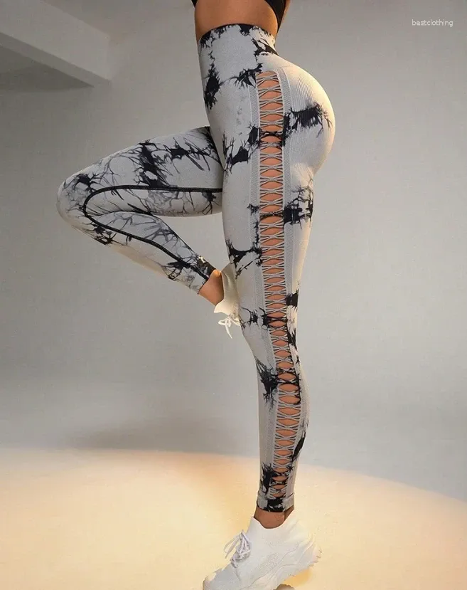 Kvinnors byxor 2024 Fashion Elegant Tie Dye Print Ladder Cutout Sport Yoga Leggings Kvinnlig byxa Casual Bottom