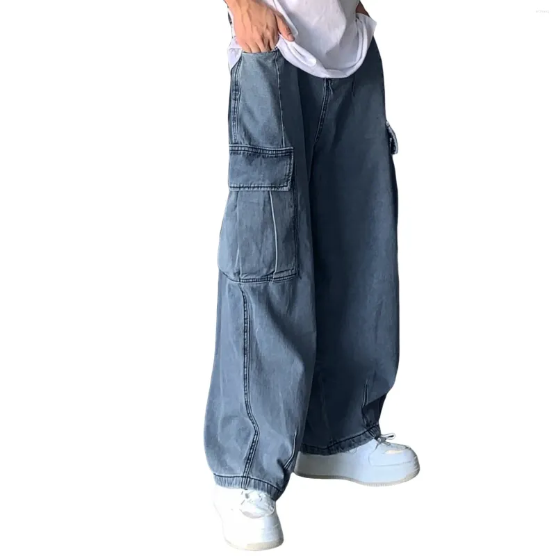 Jeans masculinos 1970 estilo hong kong solto casual grande bolso workwear lavagem de água velho pai calças homens mulheres