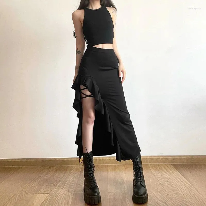 Jupes noires hautes taille bodycon asymétrique jupe e-girl punk volants divisé A-line y2k edible arbre fung women streetwear bottoms