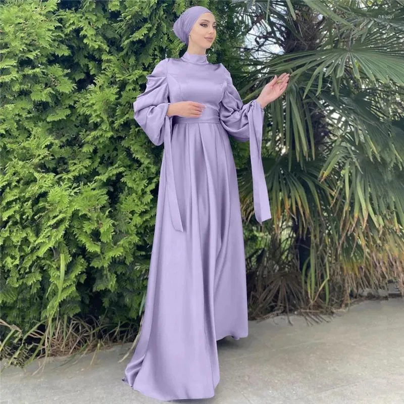 Roupas étnicas Cetim Abayas para Mulheres Dubai Turquia Kaftan Elegante Vestido de Festa Muçulmano Eid Mubarak Femme Musulman Abaya Robe Jalabiya Fitas