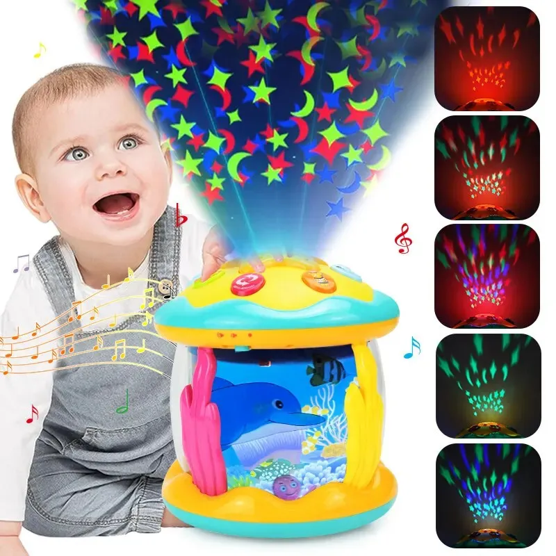 Brinquedos para bebês de 6 a 12 meses, brinquedos musicais iluminados pela barriga, projetor giratório oceano, presentes para bebês, crianças 240129