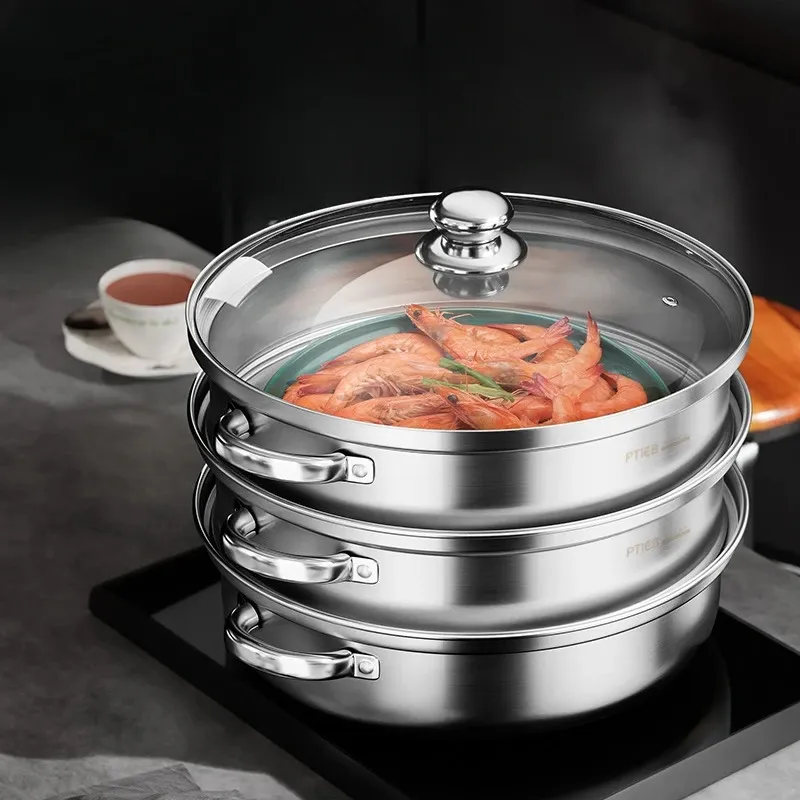 Rostfritt stål köksredskap 3 nivå ångare ångpott set rostfritt stål stockpot multifunktion super tjock cookware potten 240130