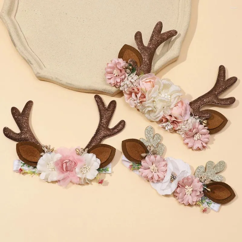 Vestuário de cão Natal Elk Rena Chifres Headbands com flores Acessórios de cabelo Ferramentas de estilo para presente de festa de aniversário