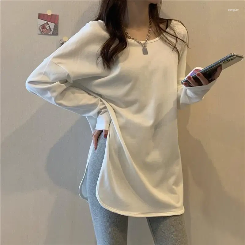 Kvinnors T-skjortor Spring Autumn Solid Color Fashion T-shirts Women High Street Casual Mid-Längd Long Sleeve Tees Elegant All-Match Chic Tops