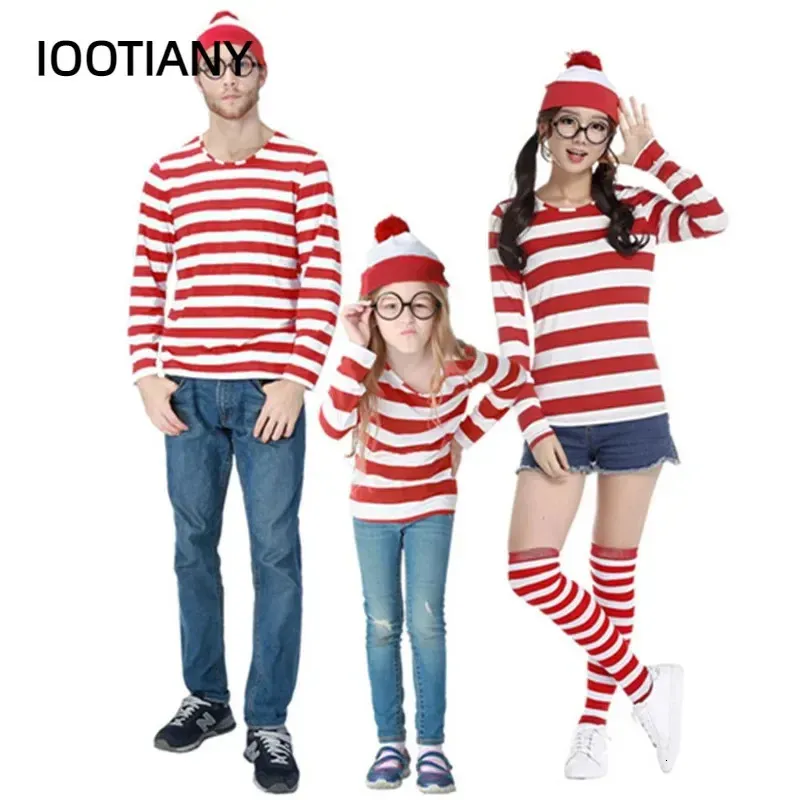 S-XXL Kreskówka rodzic-dziecko, gdzie jest kostium Wally Waldo Waldo Book Tydzień Cosplay Strój Stripe Koszulka KALETY ZESTAWKA 240131