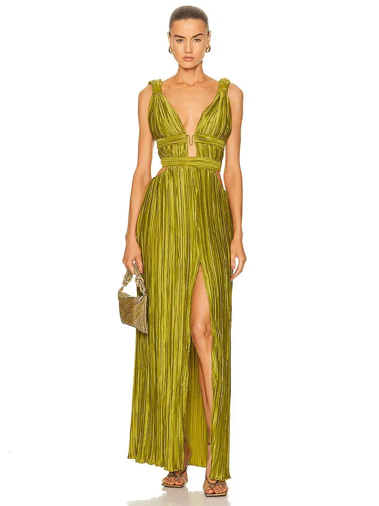 Sleeveless V Neck Hollow Out Green Strappy Backless High Waist Pleated Split  Maxi Dress for Women from Dhgate Urban Sexy Dresses - price 120.81