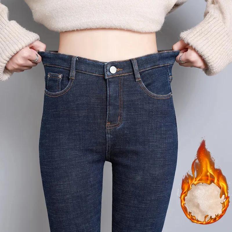 Femmes épais velours taille haute jean maigre thermique hiver chaud peluche Stretch neige dame Denim pantalon pantalon décontracté 240201