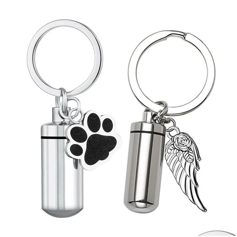 Key Rings Personalized Cylinder With Wing Paw Cremation Urn Keychain Pendant Memorial Ashes Keyring Keepsake Jewelry Gift For Women Otqru