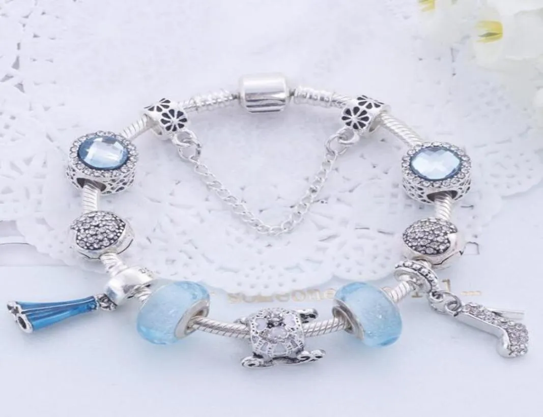 Partihandel-925 Silver Armband för kvinnor Royal Crown Charm Armband Blue Crystal Beads Armband Valentine's Day Gift3708351