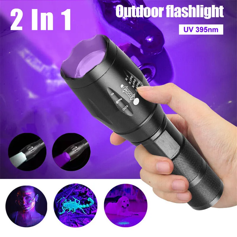 Flashlight UV Viola Bianca Bianca Doppia Luce 395NM Lampada di illuminazione per la caccia alla torcia Torcia Ultravioletta