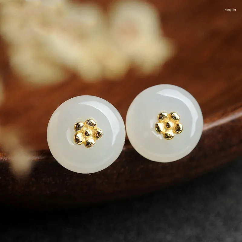 Stud Earrings 925 Silver Mosaic And Tianyu White Jade Ear Nails Fashion Women's Decoration Natural
