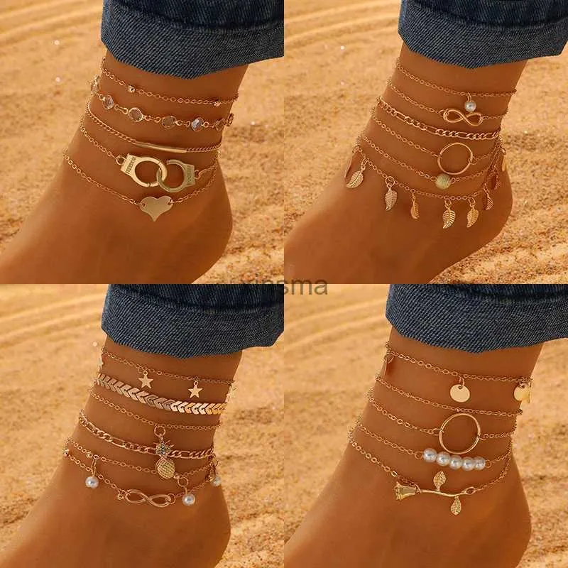 Anklets Bohemian Summer Beach Anklet Set for Women Gold Color Chain On Leg Leaf Heart Pineapple Rose Charm Ankle Armband Kvinnliga smycken YQ240208