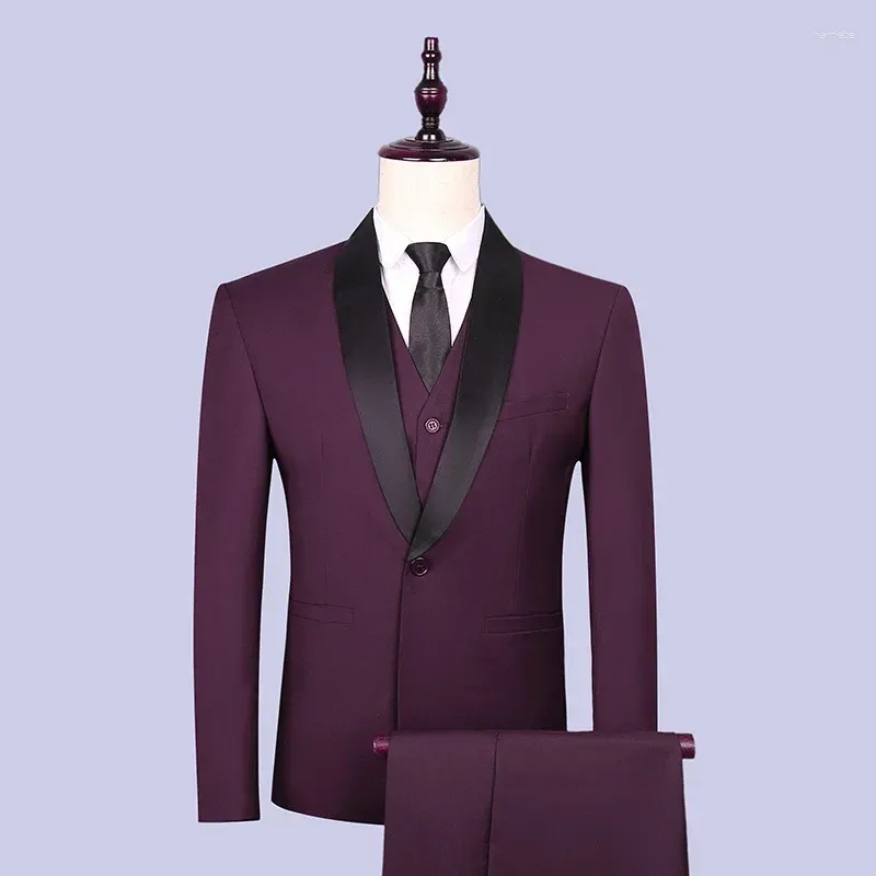 Męskie garnitury męskie z spodniami i kamizelką 3 -częściowy zestaw mężczyzn formalny sukienka garnitur męski wino czerwony plus size trzeci