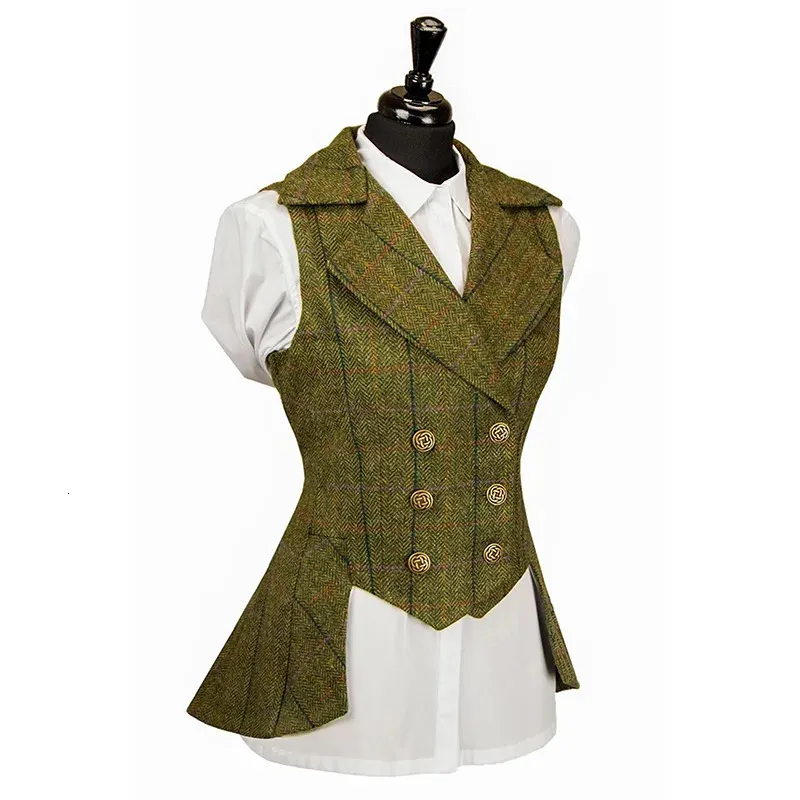 Kobieta Vest Army Green Plaid Herringbone Tweed Business Business Killar Dasike kołnierz vintage ol kamizelka na kamizelkę ślubną 240131