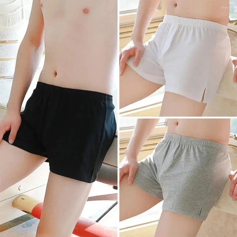 Cuecas masculinas boxer cor sólida solto ajuste shorts calcinha cintura elástica mid-rise lado split respirável casa sleep wear