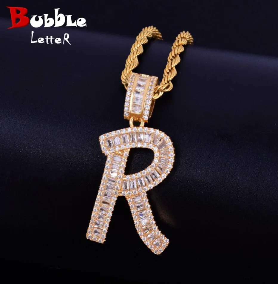 AZ Gold Color Baguette Initials Letters Hip Hop Pendant Bling Zirconia Men039s Women Necklace Chain Rock Jewelry6859578