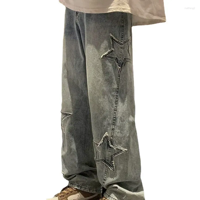 جينز للرجال النجمة التطريز على مستقيم الساق الطويلة سراويل طويلة غير رسمية الهيب هوب أزياء شباب الشارع سراويل الدنيم