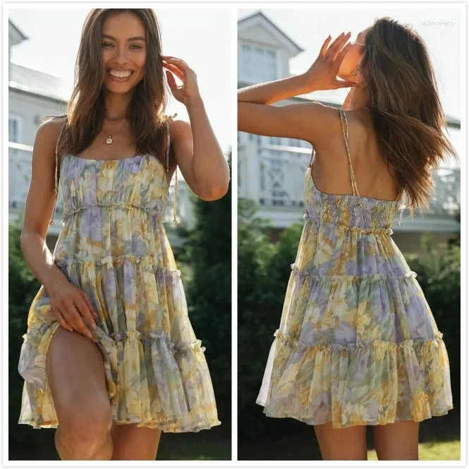 Casual Dresses Sweet Summer Suspender Strap Floral Sundress Women Sling Lace-Up Dress A-Line Boho Lady Swing Ruffles Short Backess