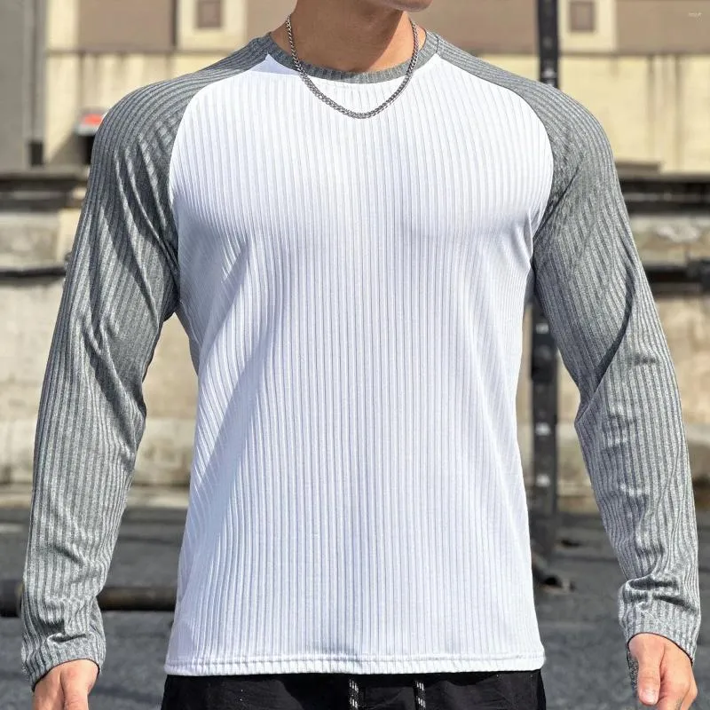 Camiseta masculina cor sólida em torno do pescoço esportes textura tecido manga longa superior adequado para homens de tamanho alto trashier