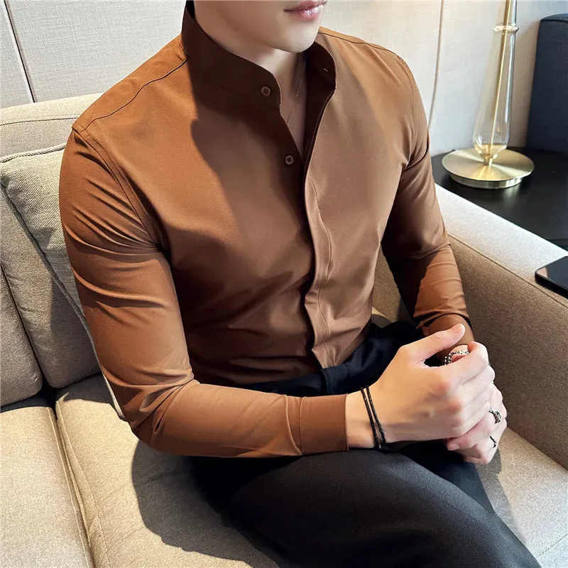Camisas De Hombre Colletto alla coreana Camicie di lusso per uomo Abbigliamento Camisa Masculina di alta qualità Slim Fit Camicie eleganti da uomo Formale 240118