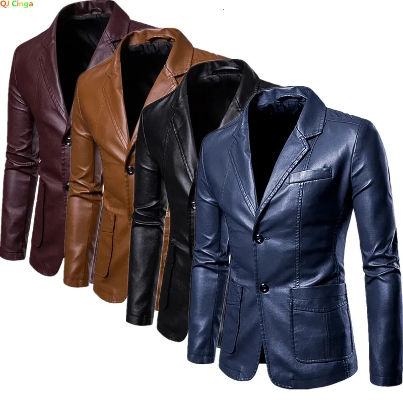 Printemps automne mode hommes revers en cuir robe costume manteau mâle affaires décontracté Pu Blazers veste 240131