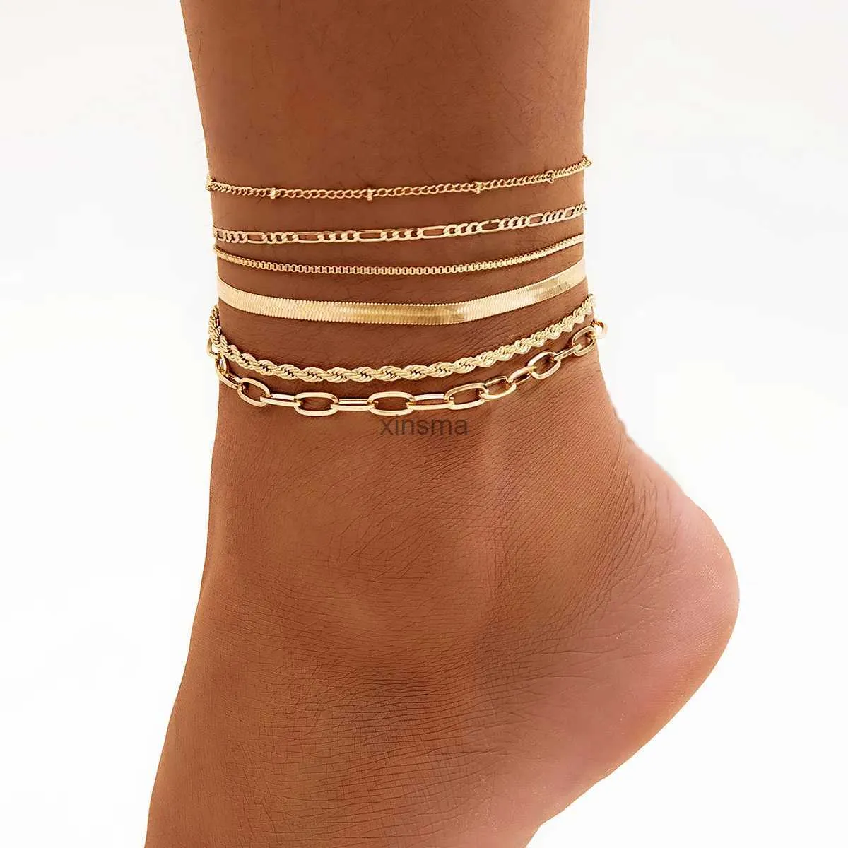 Anklets Salircon 6st/set Bohemian Twisted Flat Snake Chain Anklet For Women Summer Beach Vintage Foot Ankle Armband på bensmycken YQ240208