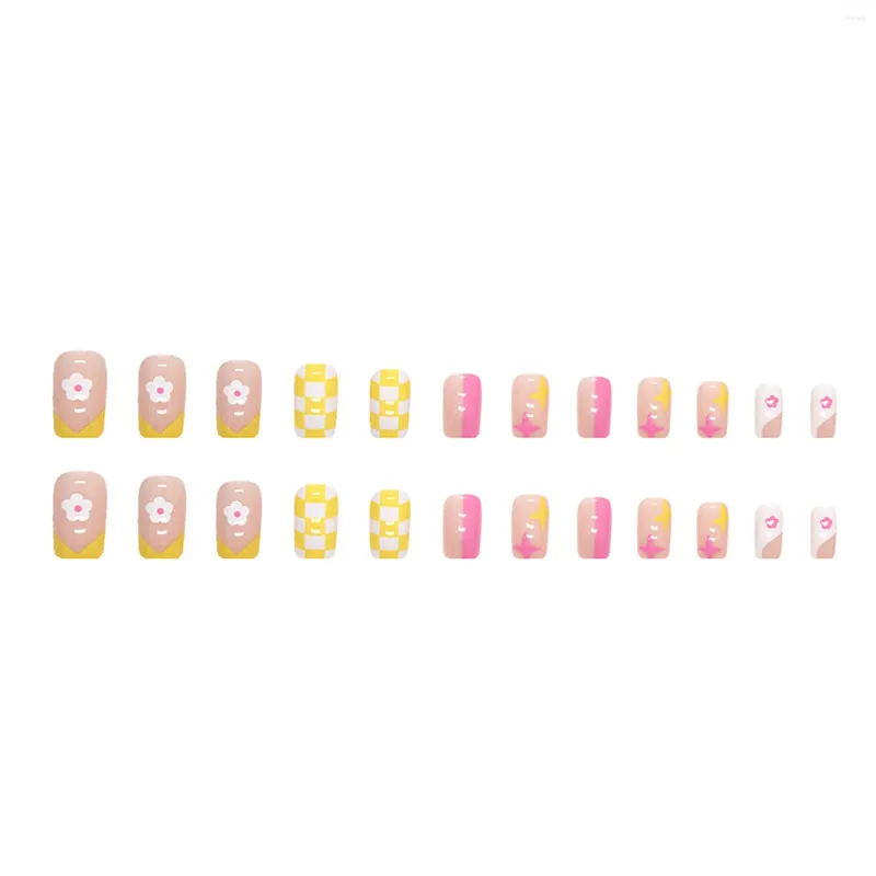 Faux ongles rose jaune carré faux avec un matériau inodore et écologique pour la décoration à la main Nail Art