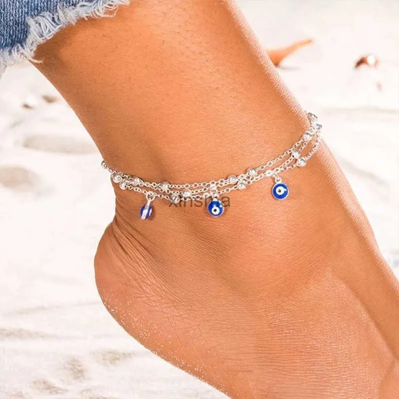 Anklets Anklet Bracelet Mexican Women Anklet Chain Multi-layer Blue Evil Eye Pendant Bracelet Protection Third Eye Beach Anklet Jewelry YQ240208