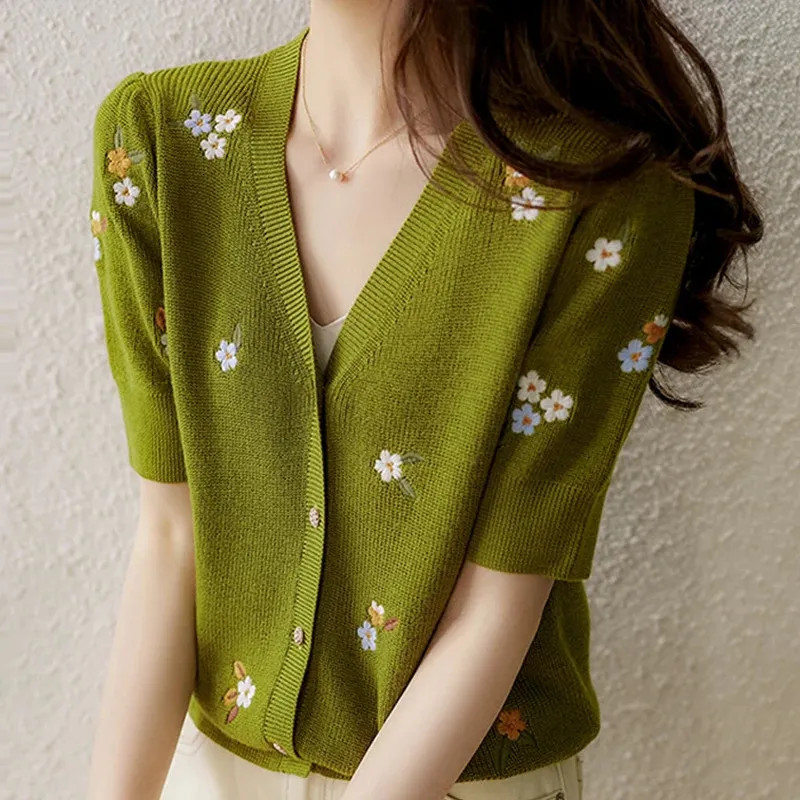 Women Knitted Cardigan Sweater Tops Short Sleeve Embroidery Knit Pullover Blusas Mujer De Moda 2023 Cardigans E980 240127