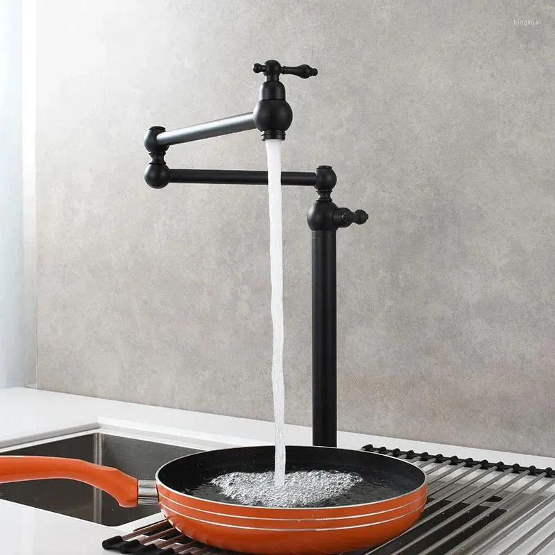 Kitchen Faucets Black Brass Single Cooling Folding Faucet Vertical Sink 360 Rotation Ceramic Valve Core Basin Tap