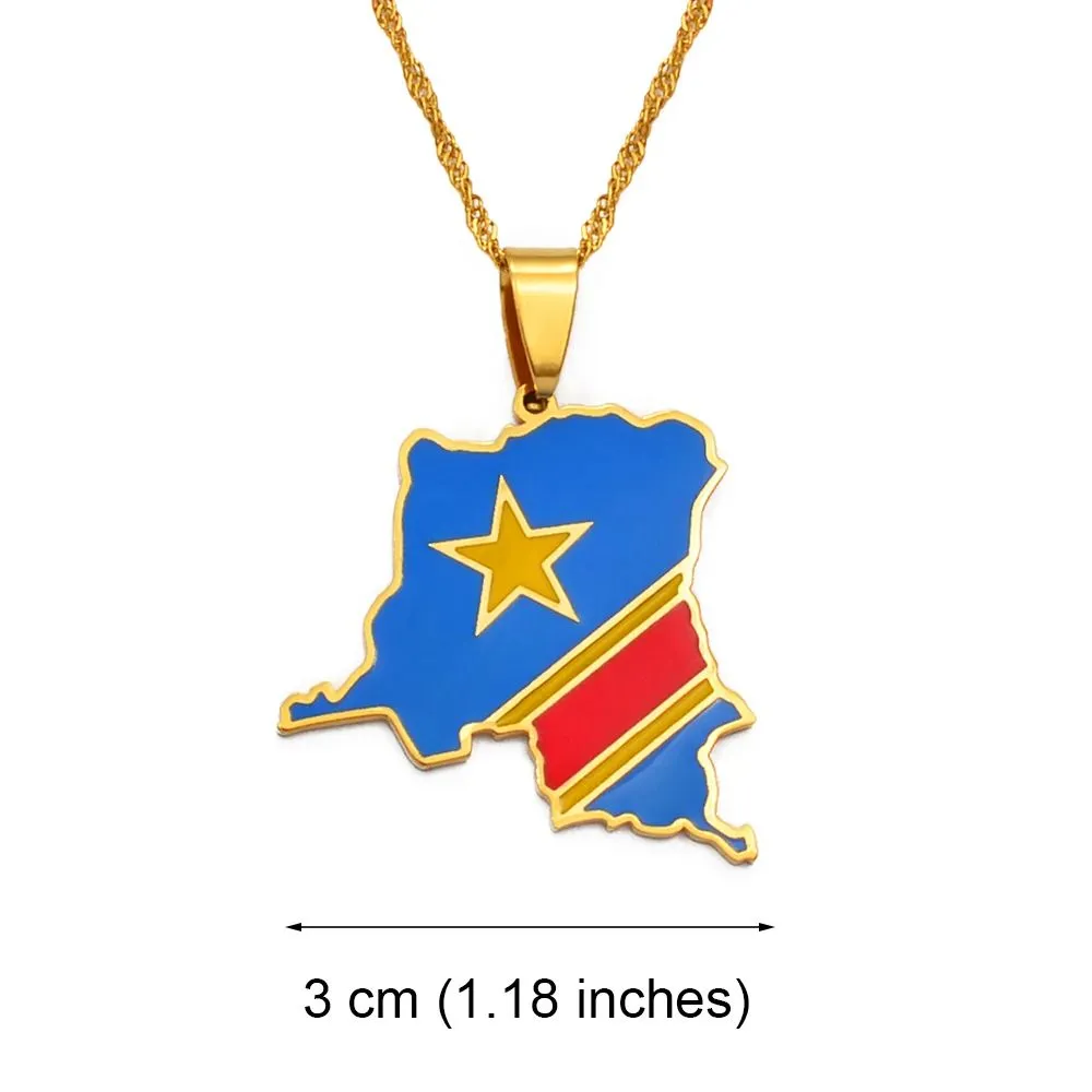 Democratic Republic Of Congo DRC Gold Pendant Necklace - Brass Chain Jewelry, Gift For Loved Ones