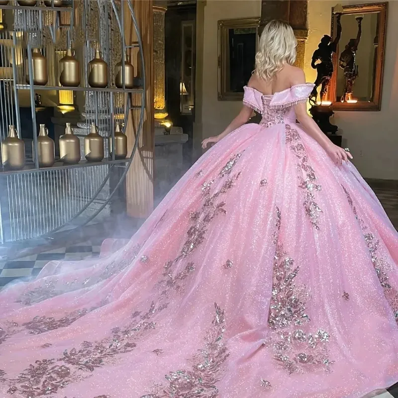 pink sparkly quince dress Glittery Tulle Corset Sequin Beaded Pink Quinceanera Dresses for Birthday Party HE956