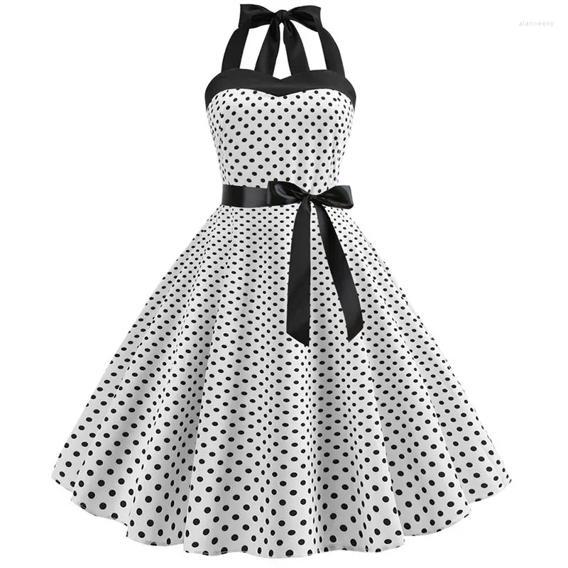 Sıradan elbiseler kadınlar polka nokta baskı yaz elbisesi seksi retro beyaz yular vintage 2024 robe femme pin up rockabilly parti