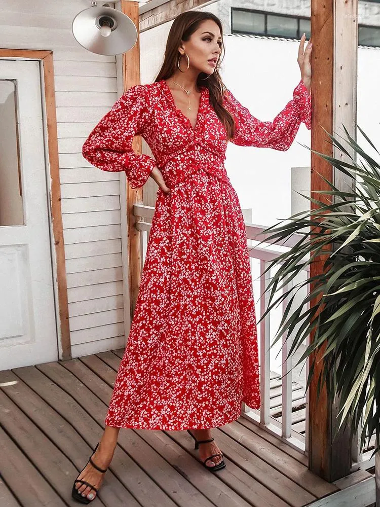 Casual Dresses Spring Long Print Dress for Women 2024 Slim High midje V Neck Flare Sleeve Summer Ladies Floral Maxi