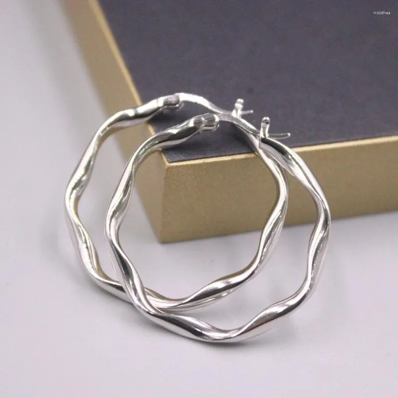 Hoop Earrings Real Solid 925 Sterling Silver Men Women Gift Lucky Wavy Twist Smooth Glossy