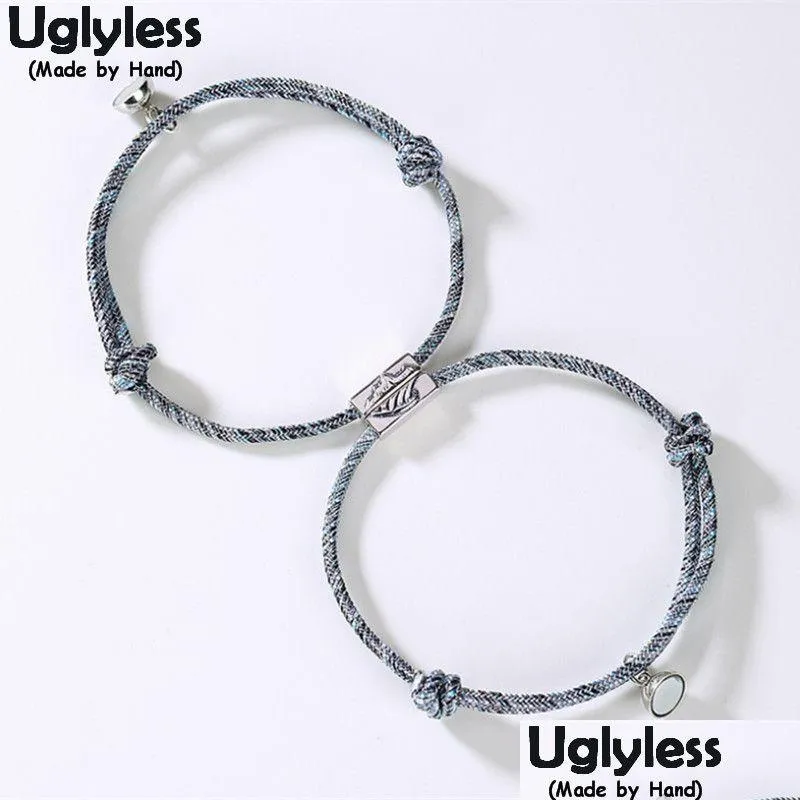 Chain Uglyless 1Pair Lovers Infinity Bracelets Adjustable Rope Bracelet For Couples 925 Sier Mountain Wave Bead Magnet Jewelry Drop D Dhisn