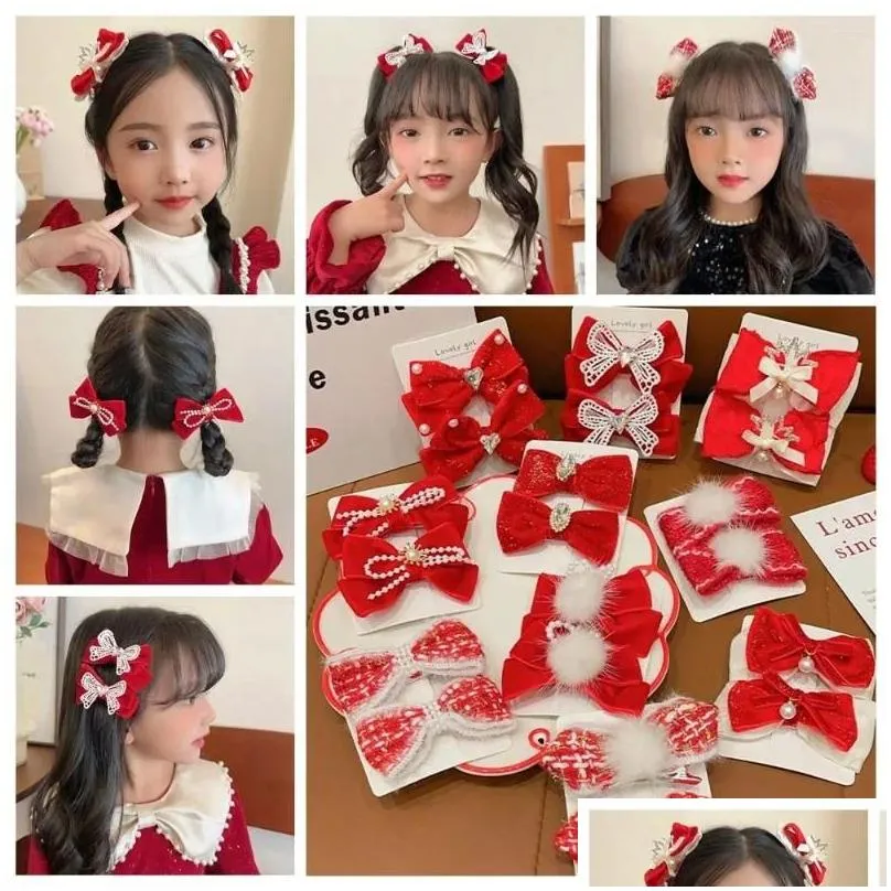 Hair Accessories Chinese Year Red Bow Hairpin Girl Childrens P Bowknot Clip Headwear Hanfu Headdress Drop Delivery Baby Kids Maternity Otd0M