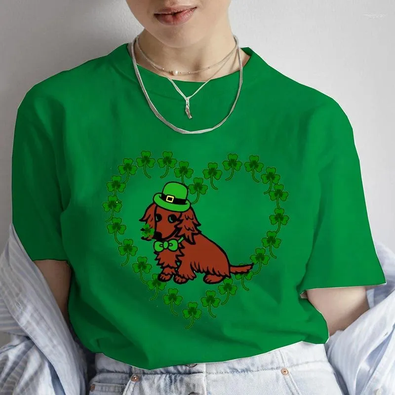 Dames T-shirts Rood Glad Teckel Print Tee T-shirt Zomer T-shirt 2024 Casual Tops Femme St Patrick's Day Mode streetwear