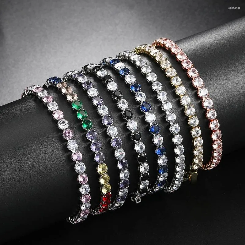 Link Bracelets 4MM Round Rainbow Zircon Iced Out Tennis For Women Men Trendy Silver Color Chain On Hand Jewelry Accessories H027