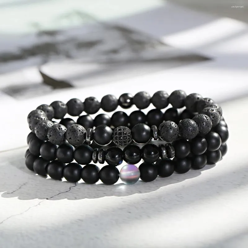 Strand Black Stone CZ Beads Bracelet Set Men Natural Lava Rock Matte Agates Bead Bracelets Jewellery Pulsera Hombre Valentine Day Gifts
