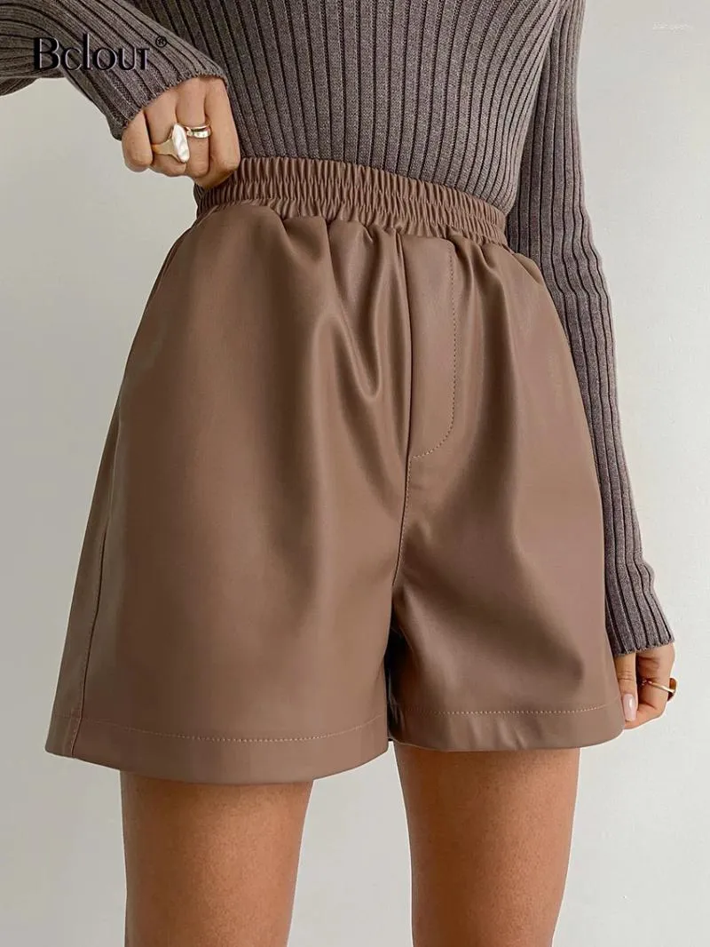 Women's Shorts Bclout Autumn Brown Leather Women Elegant Solid Office Elastic Waist Wide Leg Fashion Party Female