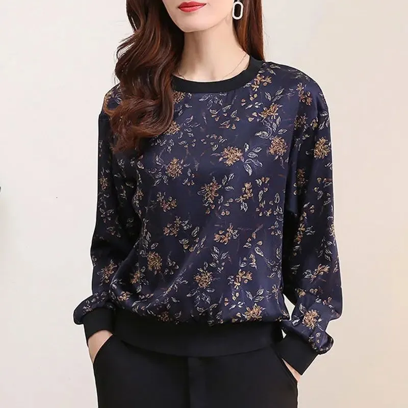 Autumn Winter Stylish Vintage Tops Plant Flowers Art Printed Patchwork Round Neck Tshirt Loose Long Sleeve Women's Clothing 240124