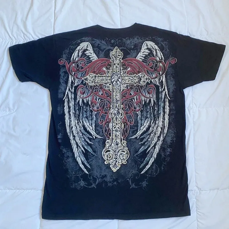 Y2K Cyber Grunge Tee - Cross Wing Print E-Girl Gothic Top