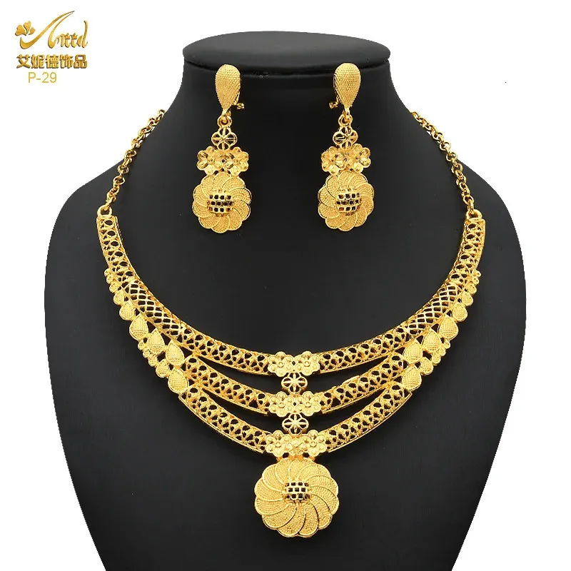 Conjunto de joias banhado a ouro indiano para mulheres, colar de noiva africano 24k, brincos dubai, casamento nigeriano, atacado 240202