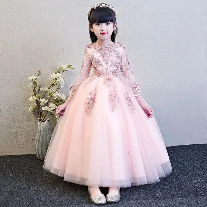 Robes de fille élégante rose tulle fleur princesse robe en dentelle pour mariage manches longues appliques enfants fête bal première communion robes