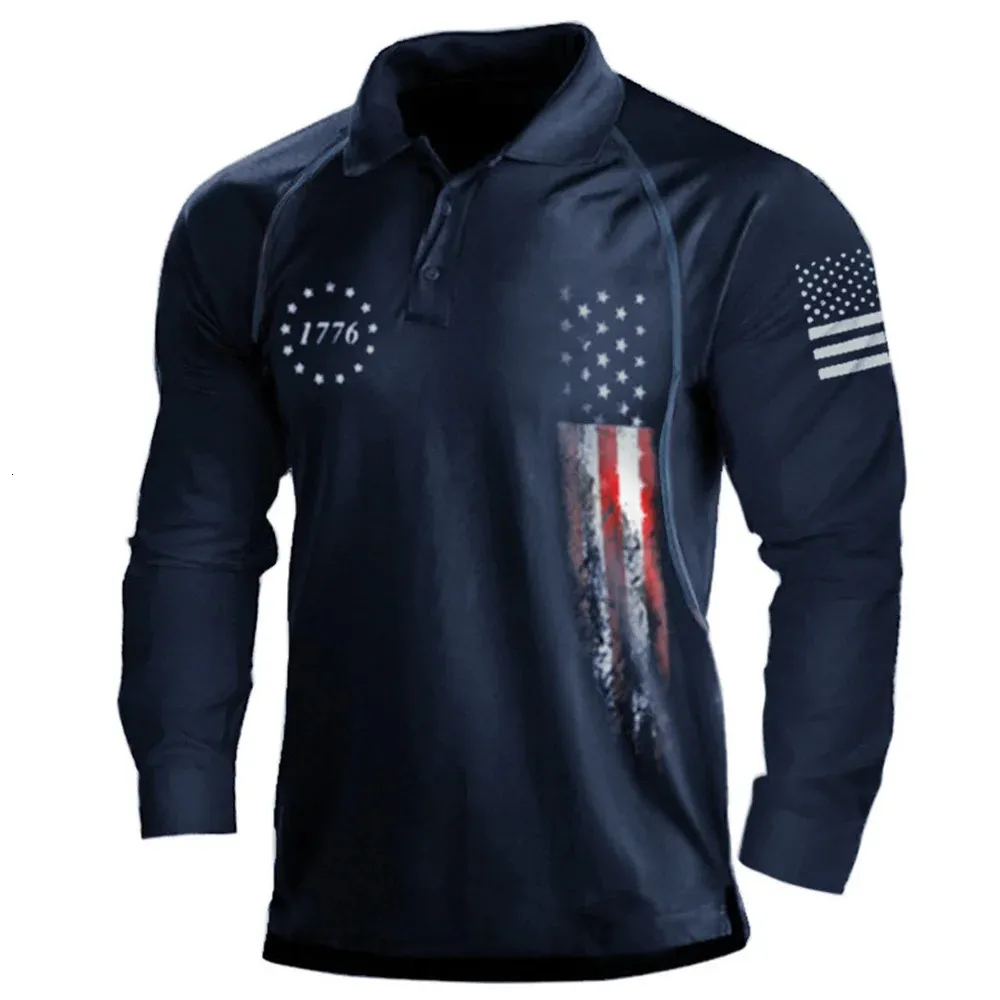 Mode lente en zomer heren lange mouwen Amerikaanse vlag 3d digitaal na digitaal poloshirt 240119