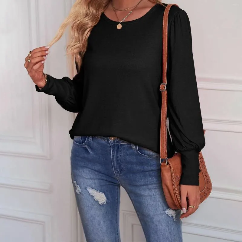 Kvinnors blusar Kvinnor Solid Color Long Sleeved Shirts Bubble Sleeve Round Neck Casual Tops and Office Ladies Temperament Top Blusa